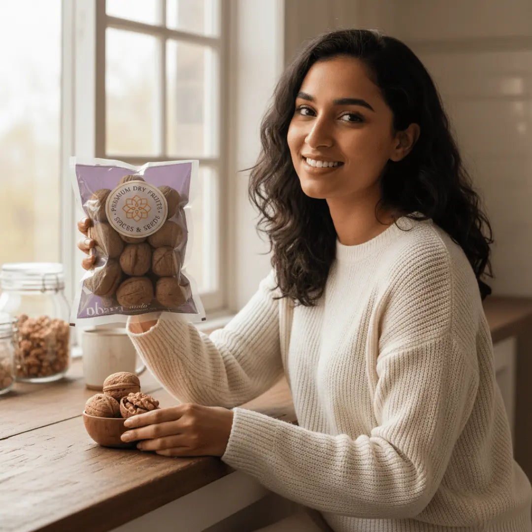 Woman holding premium in-shell walnuts (Akhrot) pack with whole walnuts in a wooden bowl on kitchen table.
