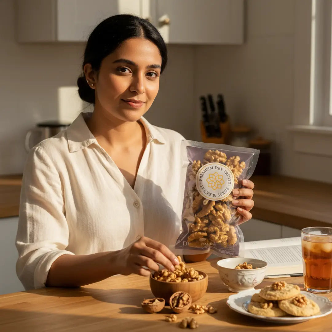 Woman enjoying premium Chilean walnuts at home, holding walnut pack with fresh walnut snacks on wooden table.