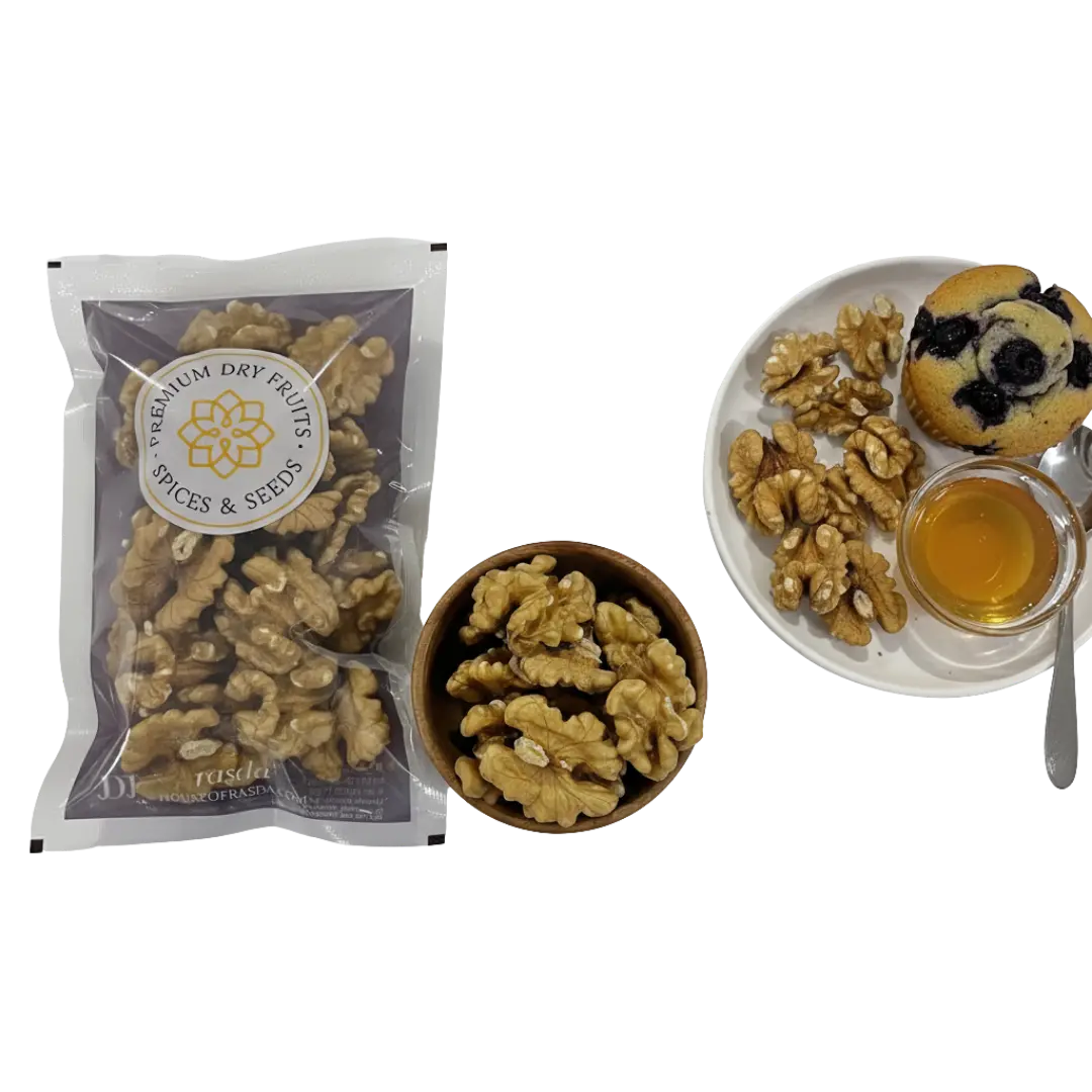 Premium Chilean walnuts (Akhrot) halves in sealed pack with walnuts in a wooden bowl and healthy serving platter.