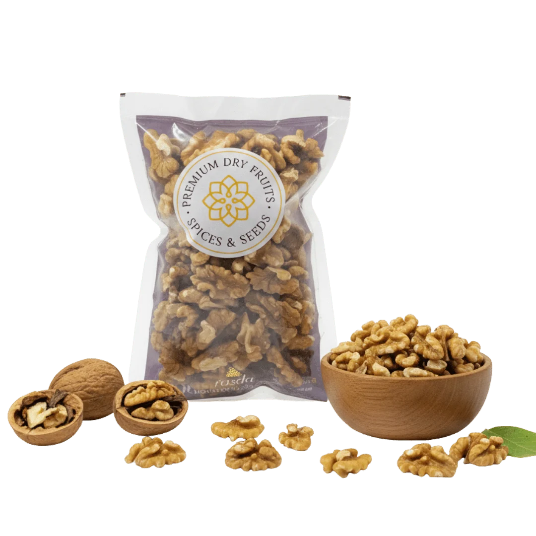 Packaged Chilean Walnuts (Akhrot) – Quarters with a bowl and scattered nuts on a white background