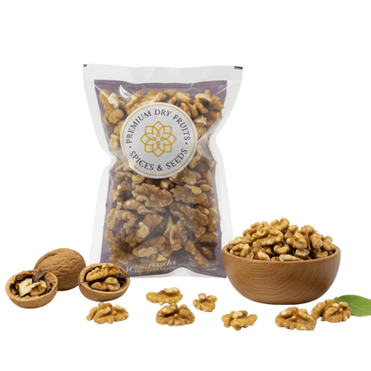 Packaged Chilean Walnuts (Akhrot) – Quarters with a bowl and scattered nuts on a white background
