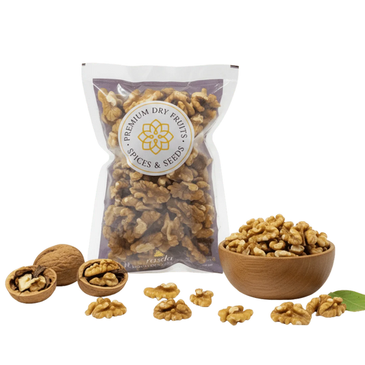 Packaged Chilean Walnuts (Akhrot) – Quarters with a bowl and scattered nuts on a white background