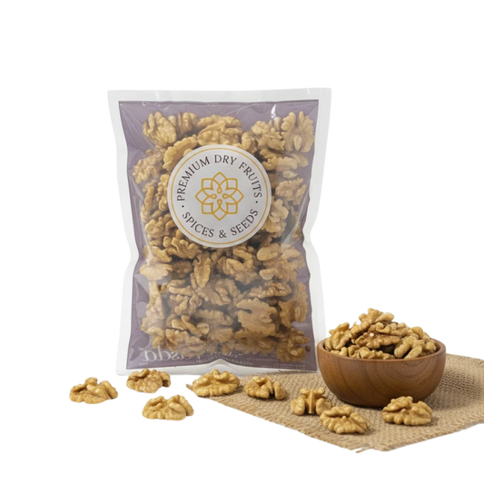 Packaged Chilean walnuts with a bowl of walnuts on a white background