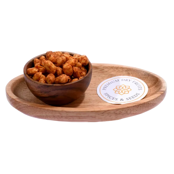 Chilli Garlic Peanuts or Moong Phalee Roasted Premium in Wooden Bowl – Spicy Crunchy Snack Rich in Protein and Flavor