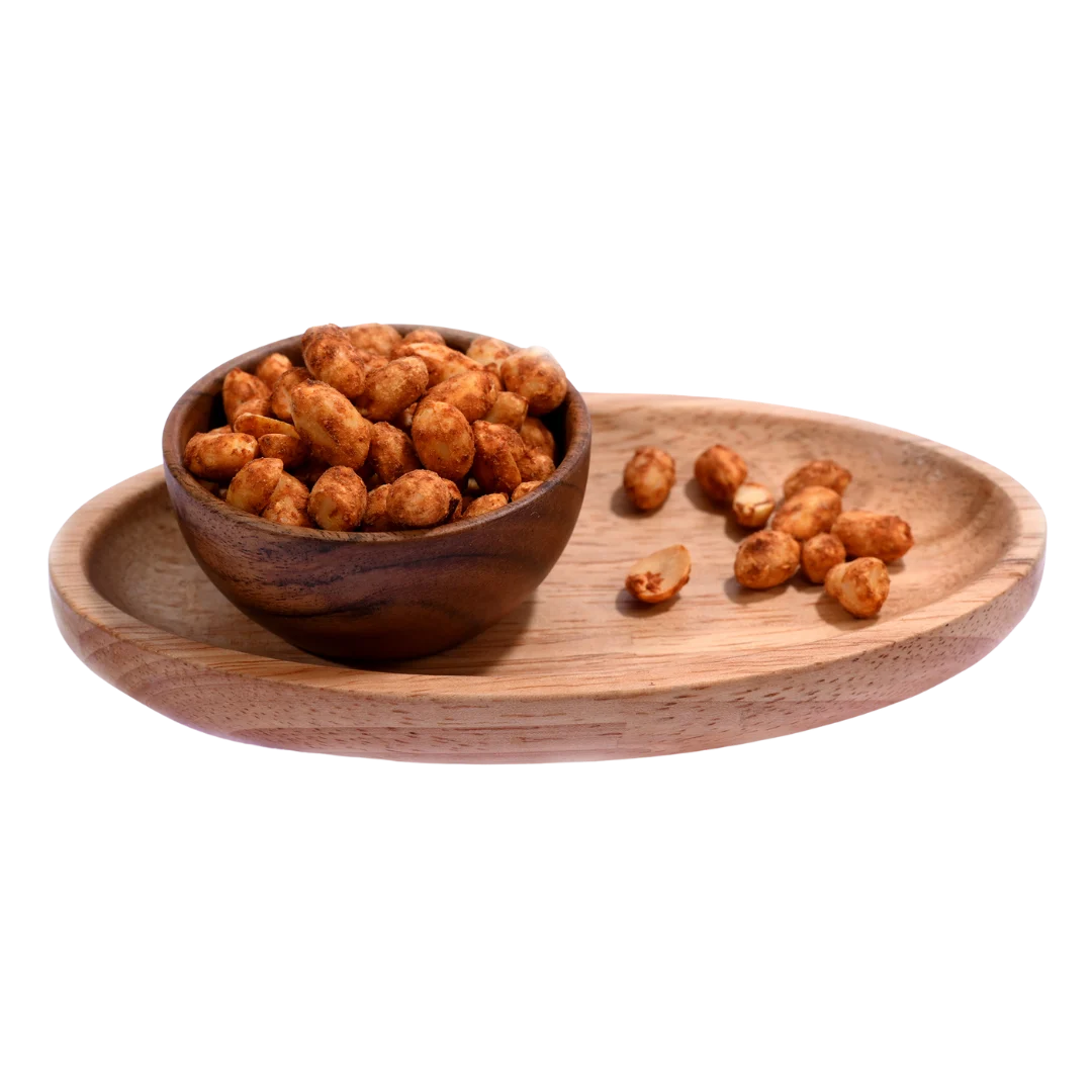 Premium Roasted Peanuts or Moong Phalee Chilli Garlic Flavor in Wooden Bowl – Crunchy Protein-Rich Snack for Spice Lovers