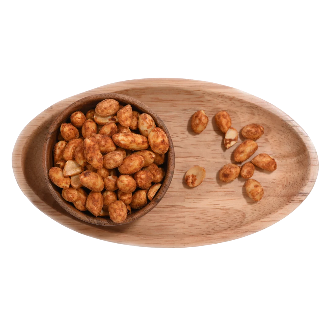 Delicious Chilli Garlic Roasted Peanuts or Moong Phalee in Wooden Bowl – Spicy Savory Snack Perfect for Anytime Munching