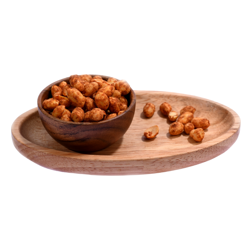 A handful of spicy chilli garlic peanuts with visible garlic bits, emphasizing their irresistible savory aroma.
