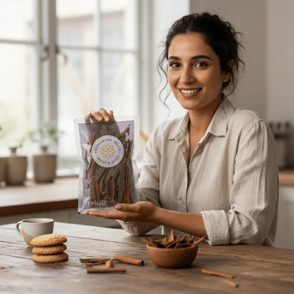 Woman holding a package of cinnamon stick in a kitchen setting