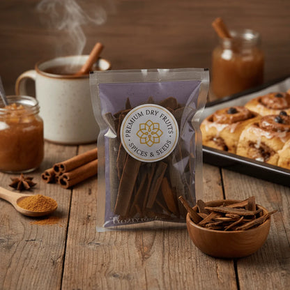Packaged Cinnamon with a visible brand label on a wooden surface with cinnamon sticks and cookies.