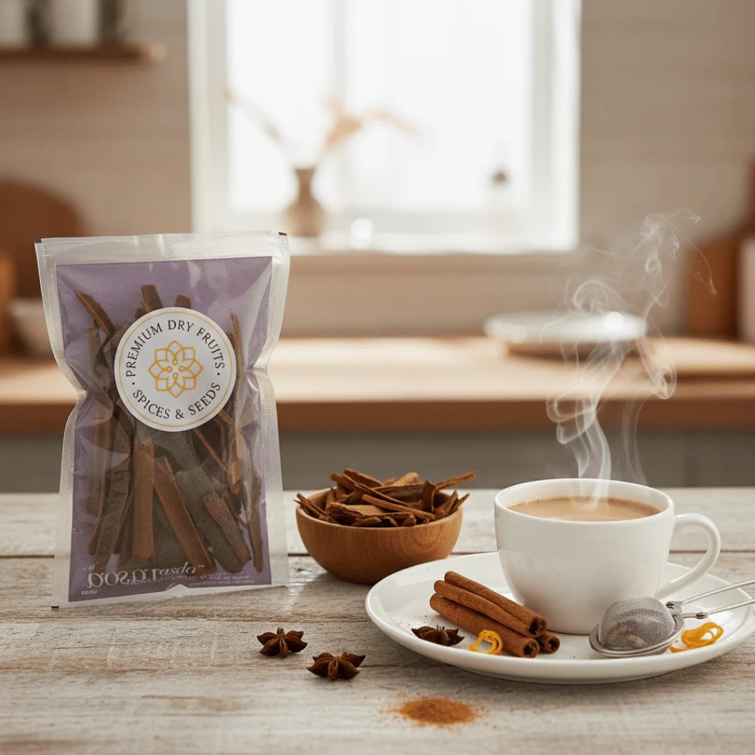 Cinnamon sticks with a package, bowl, and cup of coffee on a wooden table.