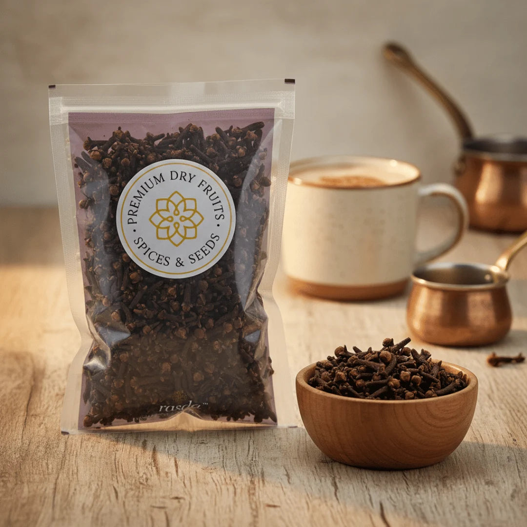 Rasda premium whole cloves pack displayed with clove tea and wooden bowl in kitchen setting