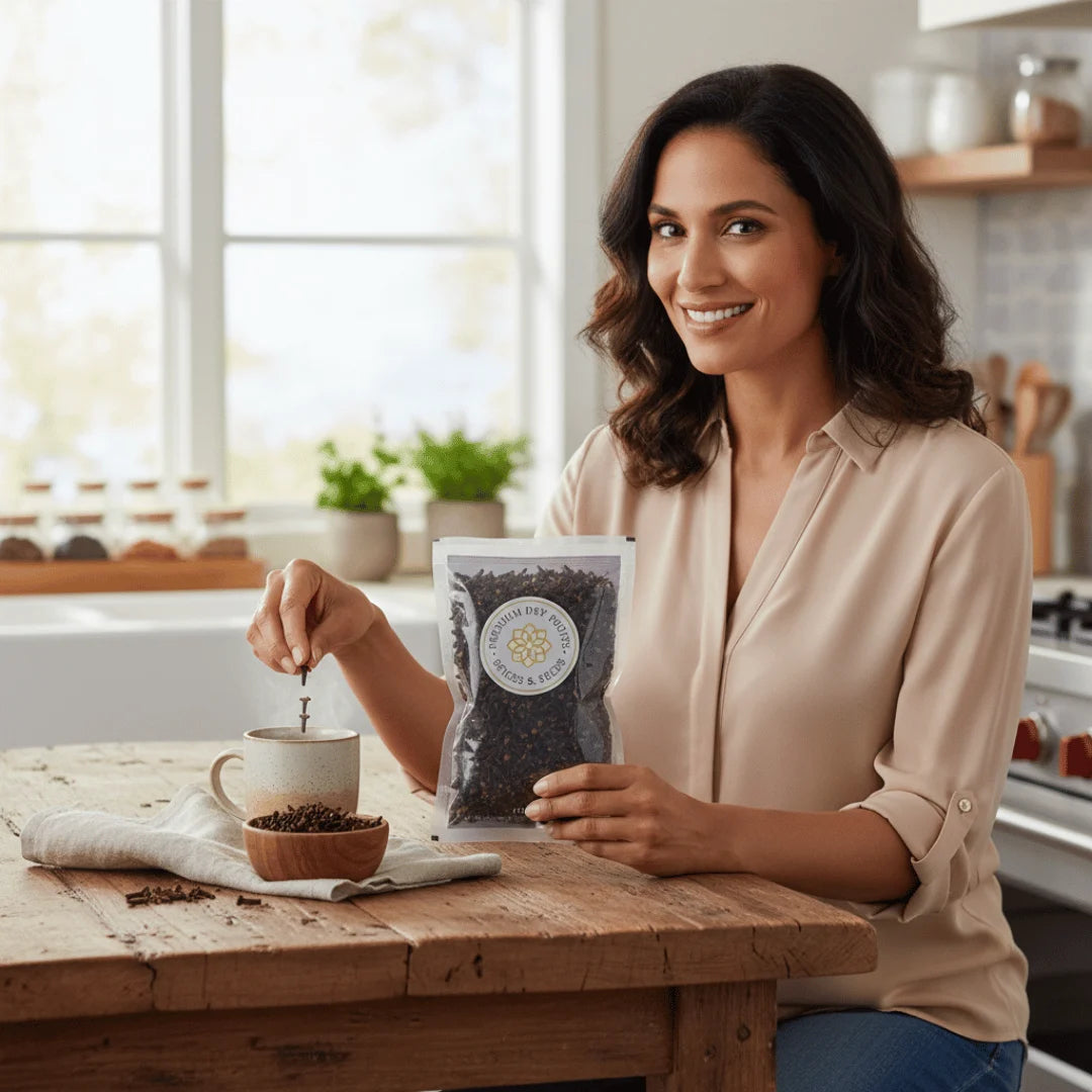 Woman preparing clove tea in a modern kitchen using premium whole cloves from Rasda