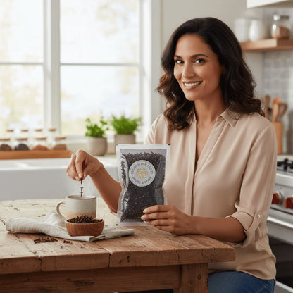 Woman preparing clove tea in a modern kitchen using premium whole cloves from Rasda