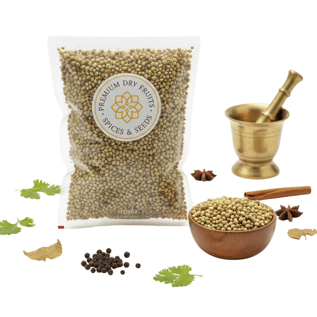 Bag of Coriander Seeds with a bowl of Coriander Seeds, a mortar and pestle, and various spices on a white background.