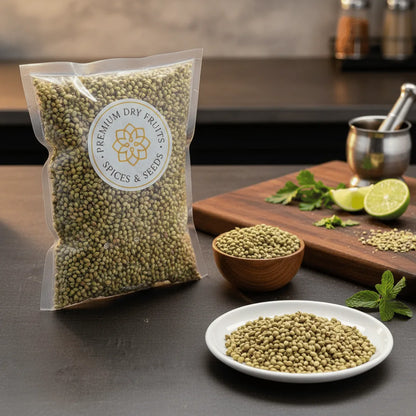 Packaged Coriander Seeds with a brand label on a kitchen counter.