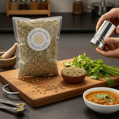 Coriander Seeds packaging with a person seasoning food on a wooden board.