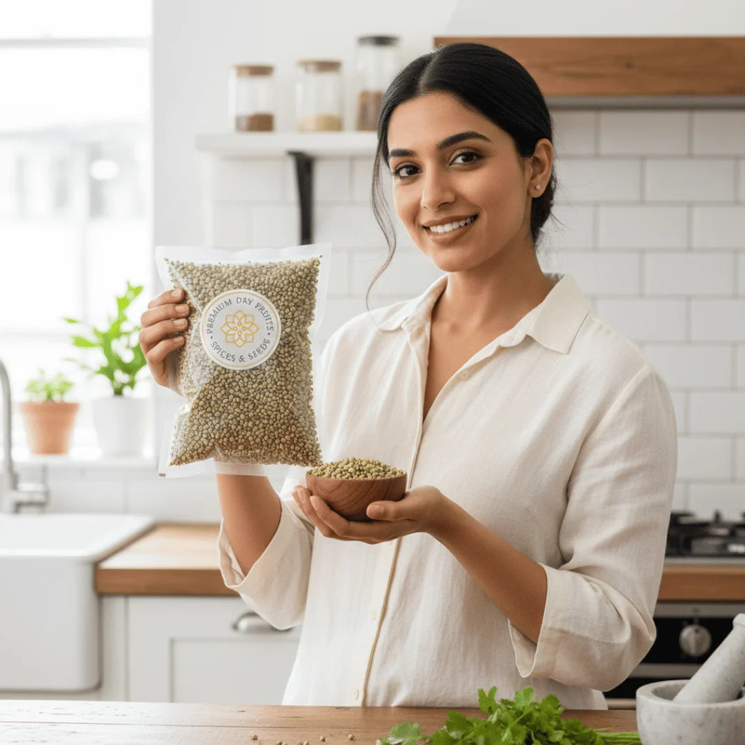 Woman holding a bag of Coriander Seeds and a bowl in a kitchen