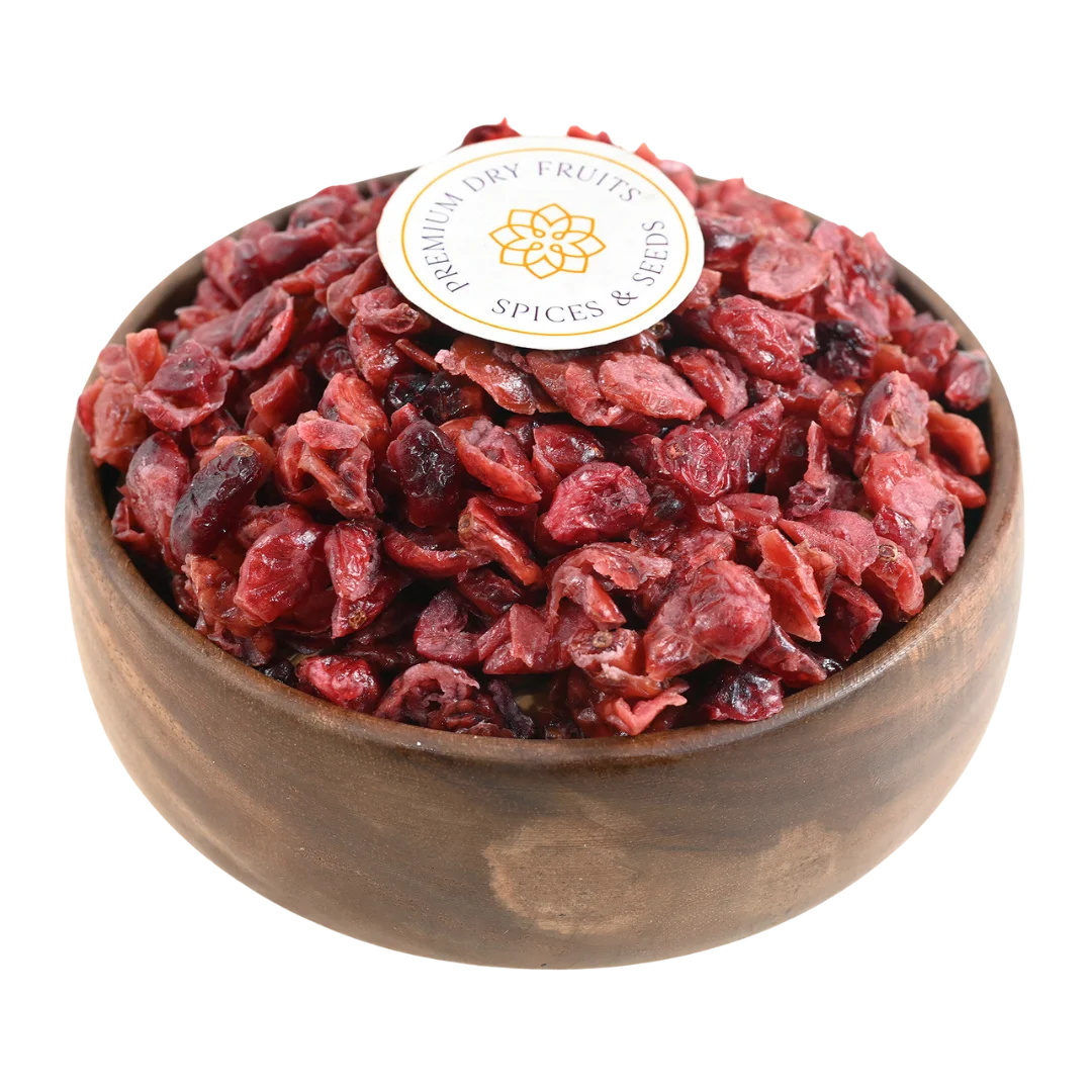 Cranberries Dried Sliced Bright Red Soft & Moist in a wooden bowl, showcasing their soft and moist texture.