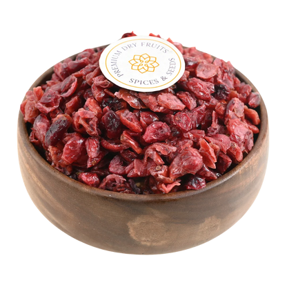 Cranberries Dried Sliced Bright Red Soft & Moist in a wooden bowl, showcasing their soft and moist texture.