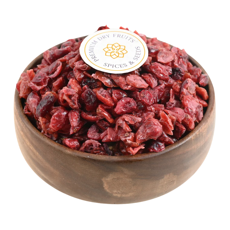 Cranberries Dried Sliced Bright Red Soft & Moist in a wooden bowl, showcasing their soft and moist texture.