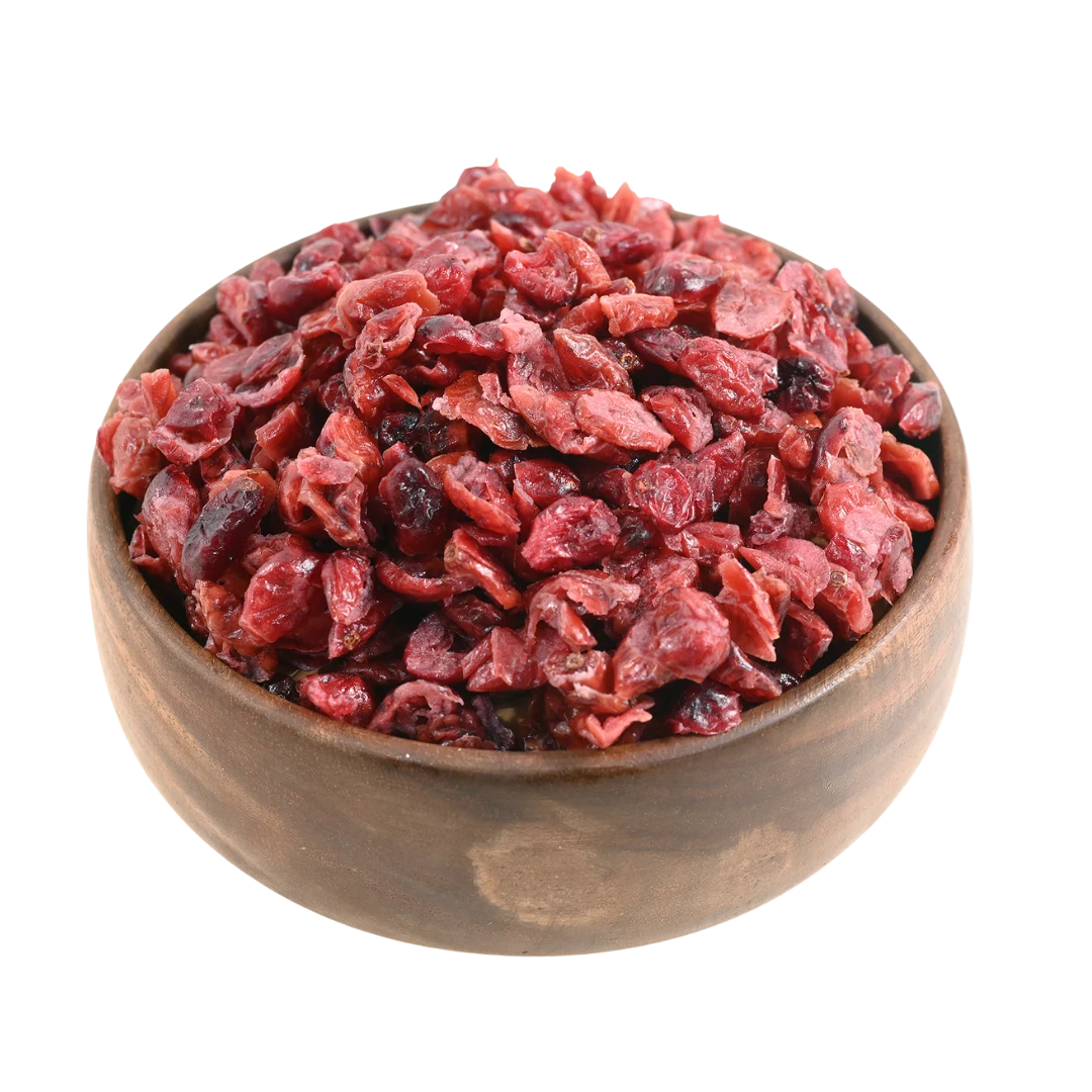 Cranberries Dried Sliced Bright Red Soft & Moist displayed in a rustic wooden bowl, highlighting their juicy texture.