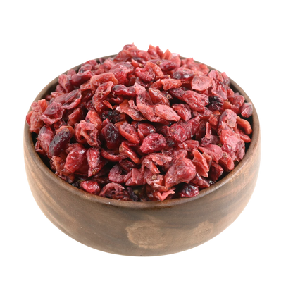 Cranberries Dried Sliced Bright Red Soft & Moist displayed in a rustic wooden bowl, highlighting their juicy texture.