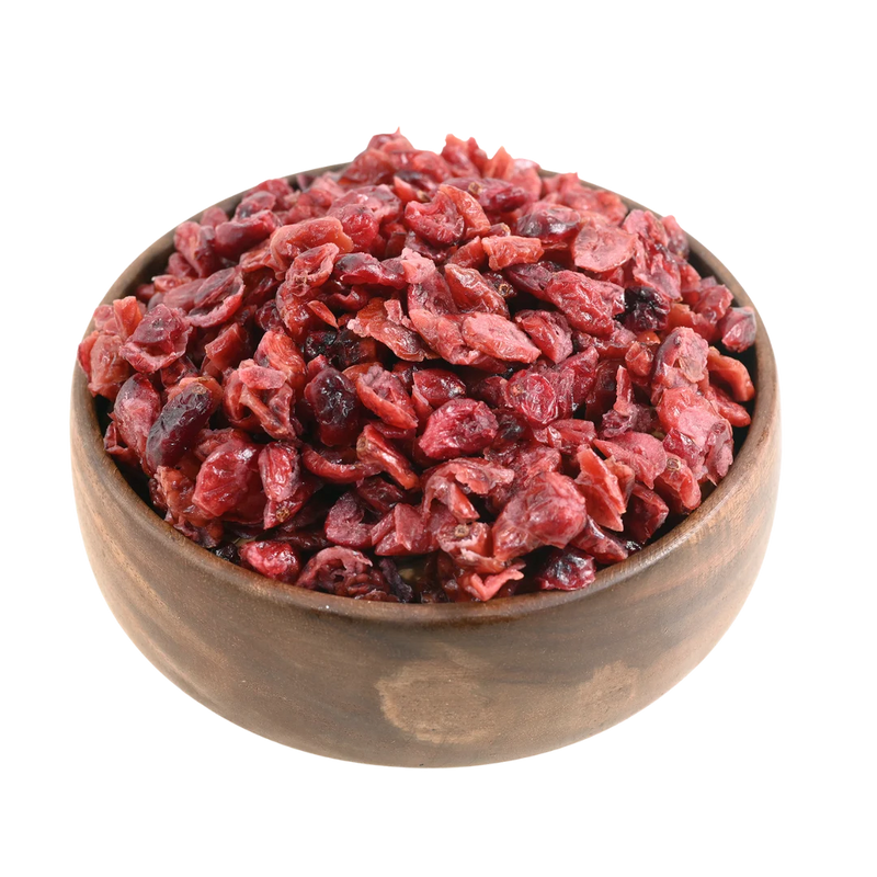 Cranberries Dried Sliced Bright Red Soft & Moist displayed in a rustic wooden bowl, highlighting their juicy texture.