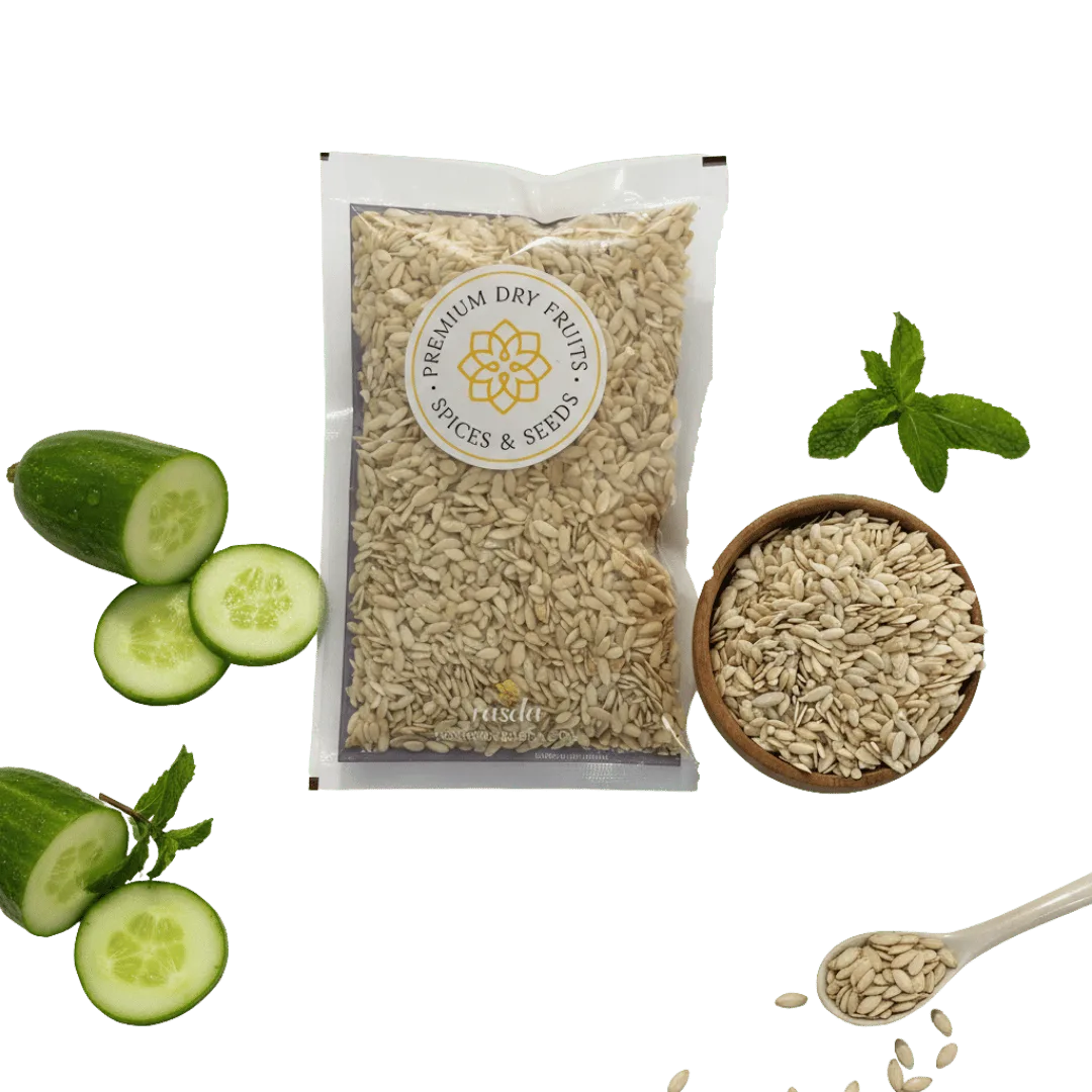 Packaged premium Cucumber Seeds with cucumbers and a bowl of seeds on a white background