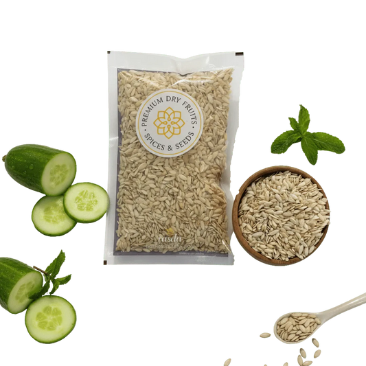 Packaged premium Cucumber Seeds with cucumbers and a bowl of seeds on a white background