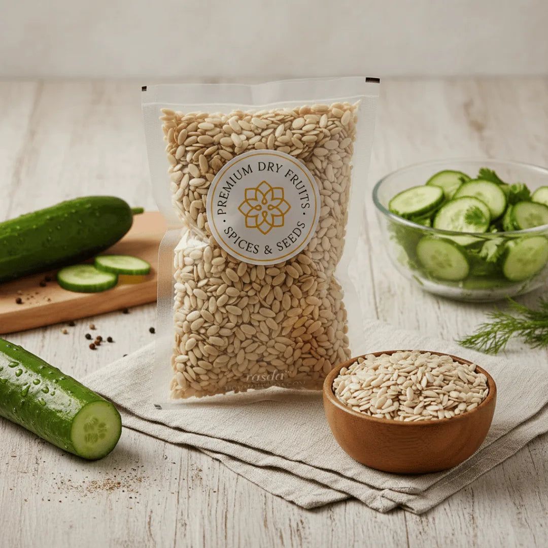 Bag of premium Cucumber Seeds with cucumbers and a bowl of seeds on a wooden surface.