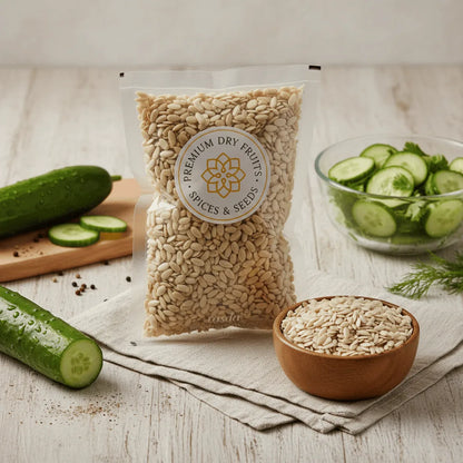 Bag of premium Cucumber Seeds with cucumbers and a bowl of seeds on a wooden surface.