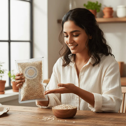 Woman holding a package of Cucumber Seeds with a bowl on a wooden table.