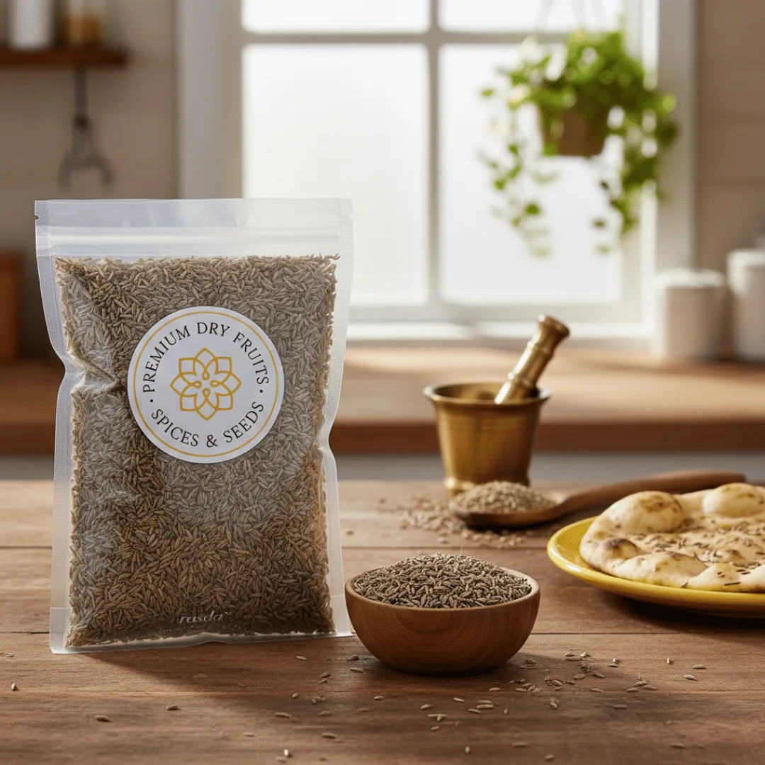 Packaged Cumin Seeds on a wooden table with a window in the background