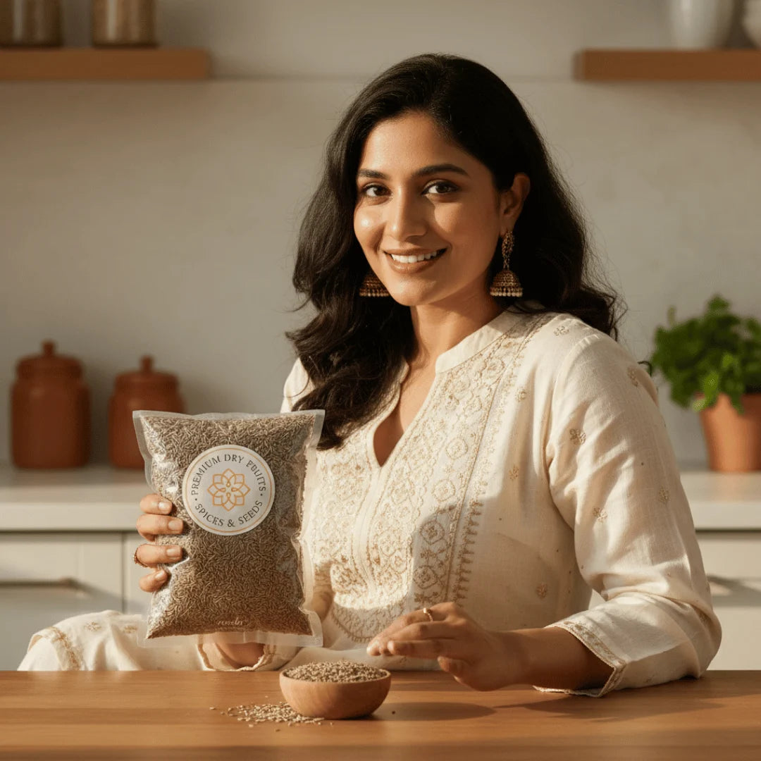 Woman holding a package of premium Cumin Seeds in a kitchen setting
