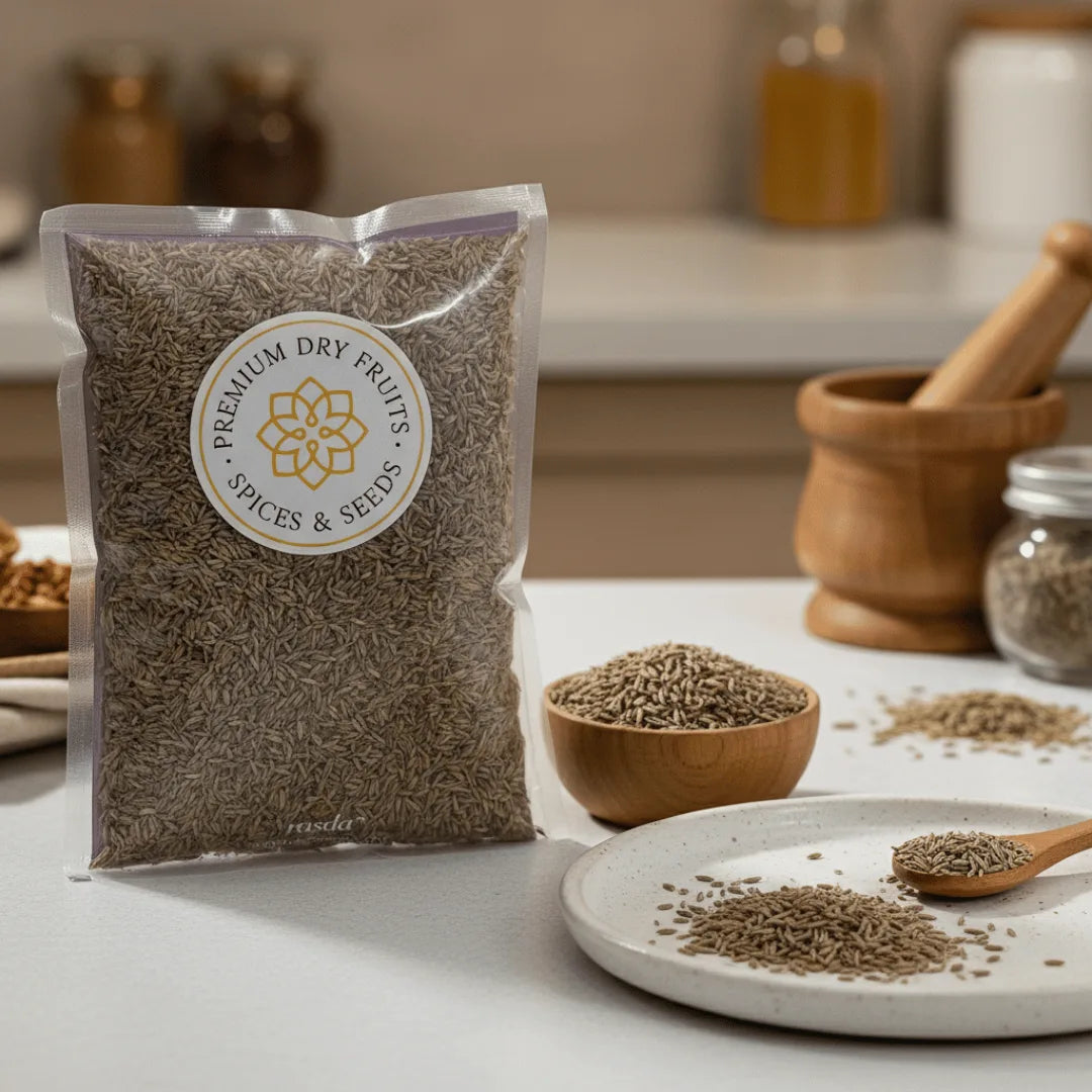 Packaged Cumin Seeds on a kitchen counter with a blurred background