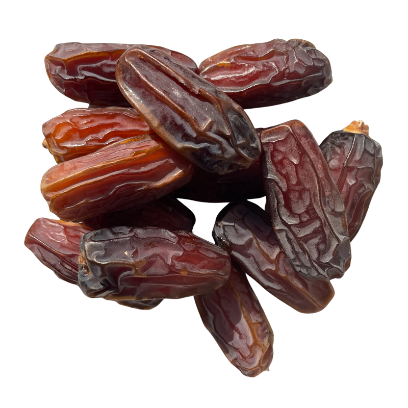 Chewy Mabroom dates are slender with long firm, semi-translucent naturally wrinkled body.