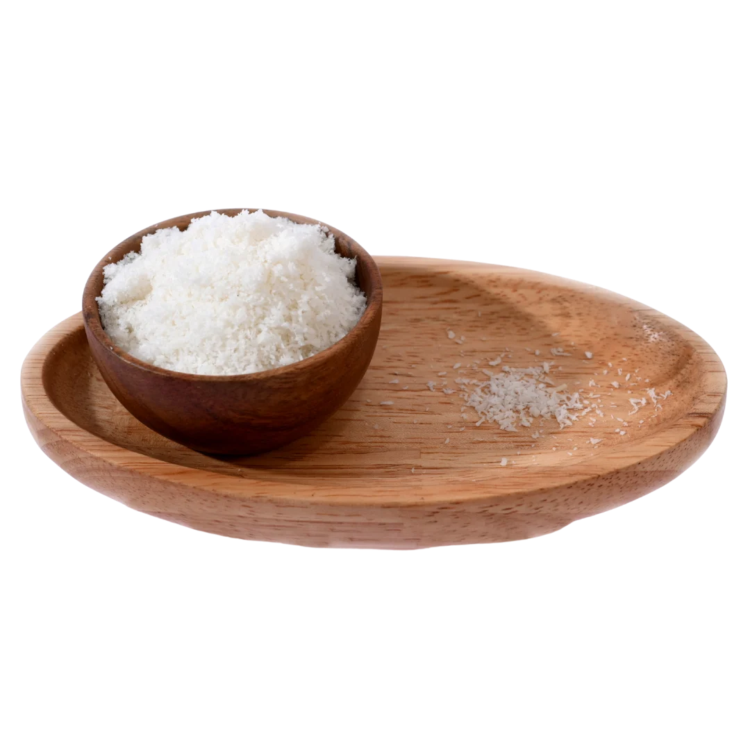 Premium quality Desiccated Coconut Powder Nariyal Burada displayed in a rustic wooden bowl, perfect for desserts and baking.