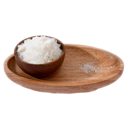 Premium quality Desiccated Coconut Powder Nariyal Burada displayed in a rustic wooden bowl, perfect for desserts and baking.