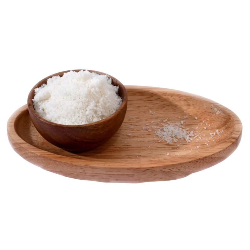 Premium quality Desiccated Coconut Powder Nariyal Burada displayed in a rustic wooden bowl, perfect for desserts and baking.