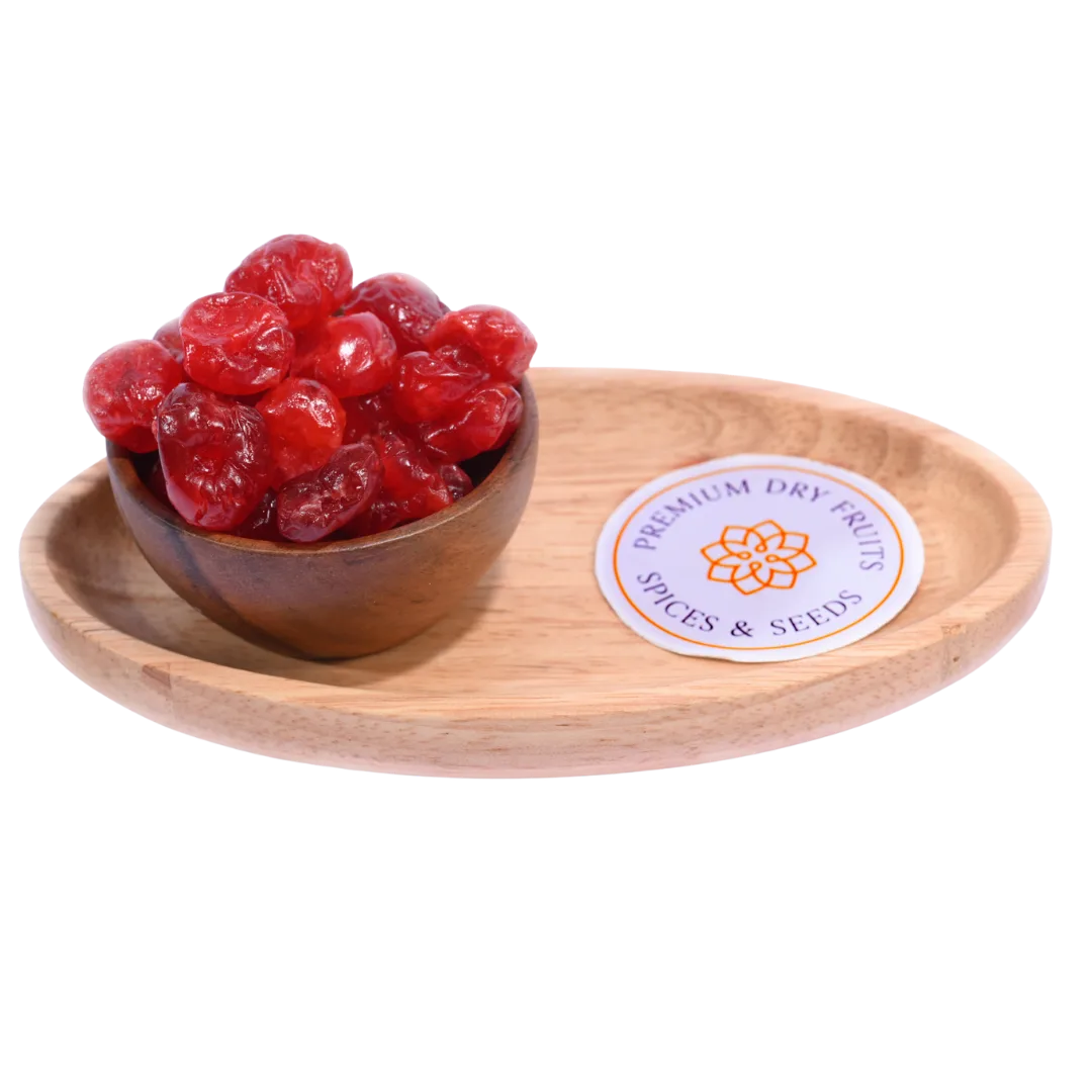 Rich red Dried Cherries Dehydrated displayed in a rustic wooden bowl, showing their glossy texture and natural sweetness.