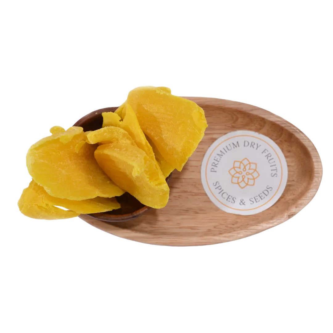 Close-up of Dried Mango Slices, highlighting their vibrant color and tender, juicy appearance.