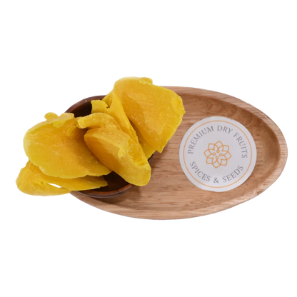 Close-up of Dried Mango Slices, highlighting their vibrant color and tender, juicy appearance.