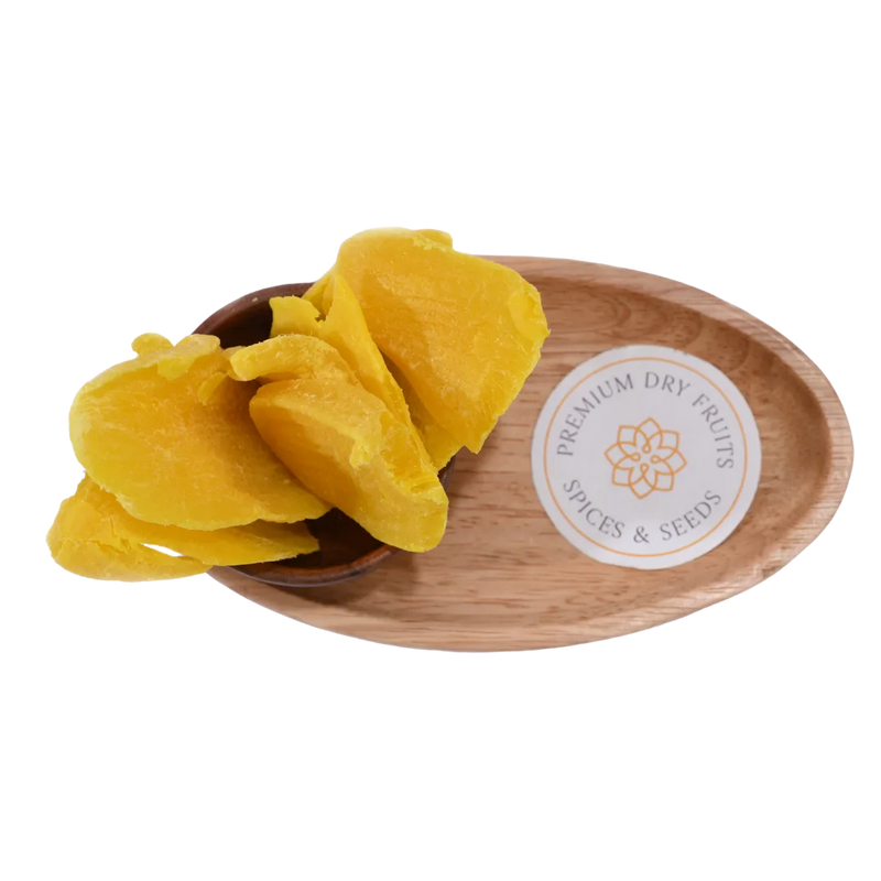 Close-up of Dried Mango Slices, highlighting their vibrant color and tender, juicy appearance.