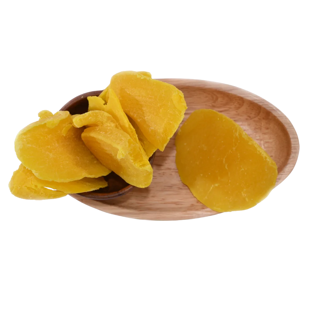 Premium quality Dried Mango Slices displayed in a wooden bowl, showcasing their tropical flavor and golden hue.