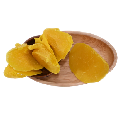 Premium quality Dried Mango Slices displayed in a wooden bowl, showcasing their tropical flavor and golden hue.