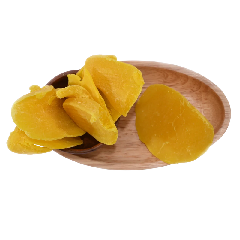 Premium quality Dried Mango Slices displayed in a wooden bowl, showcasing their tropical flavor and golden hue.