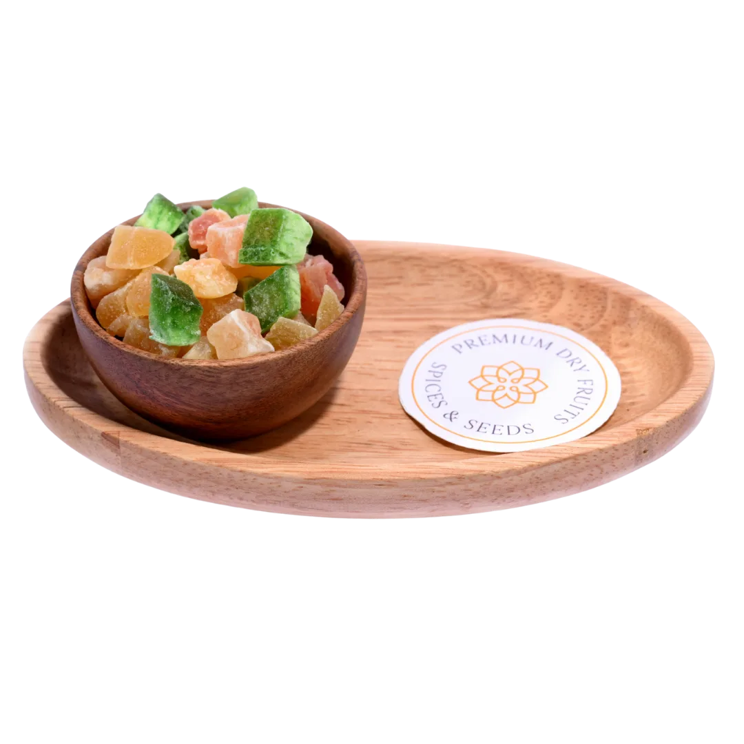 Dried Mixed Fruit Dice in a wooden bowl showcasing colorful fruit pieces.