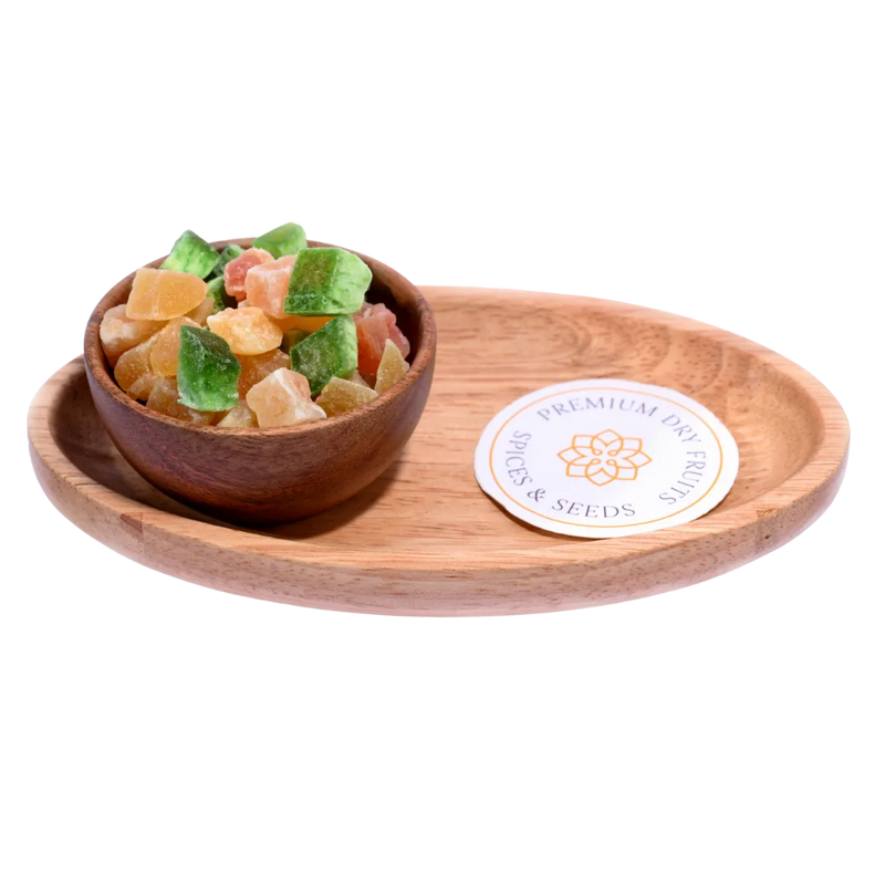 Dried Mixed Fruit Dice in a wooden bowl showcasing colorful fruit pieces.