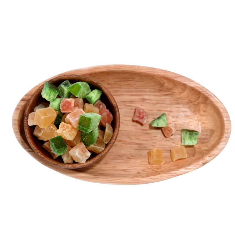 Dried Mixed Fruit Dice featuring various colors and textures in a natural wooden bowl