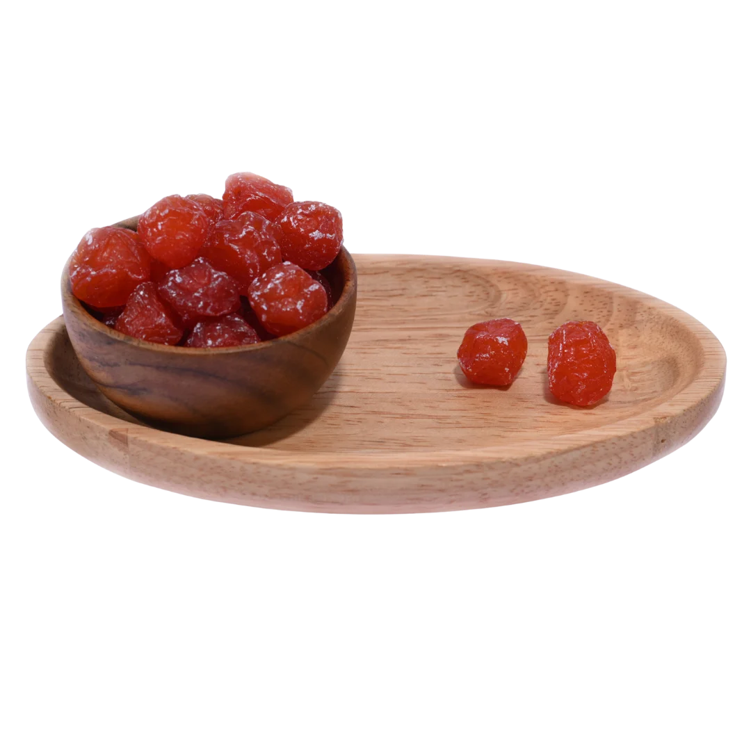 Premium Dried Roseberry Plums displayed in a rustic wooden bowl, showcasing their deep color and juicy texture.